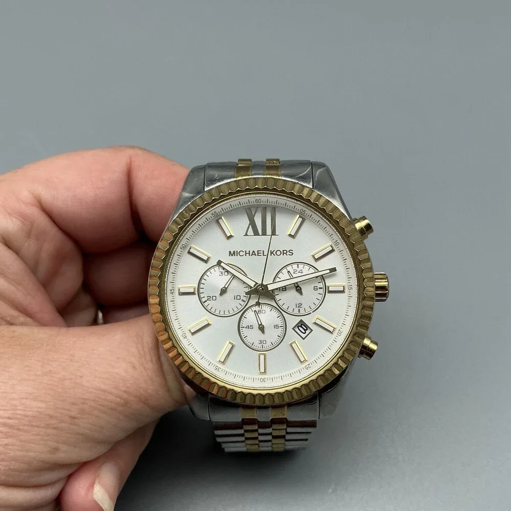 Michael Kors Lexington Women Watch 45mm Two Tone Chrono MK-8344 New Battery 6.5